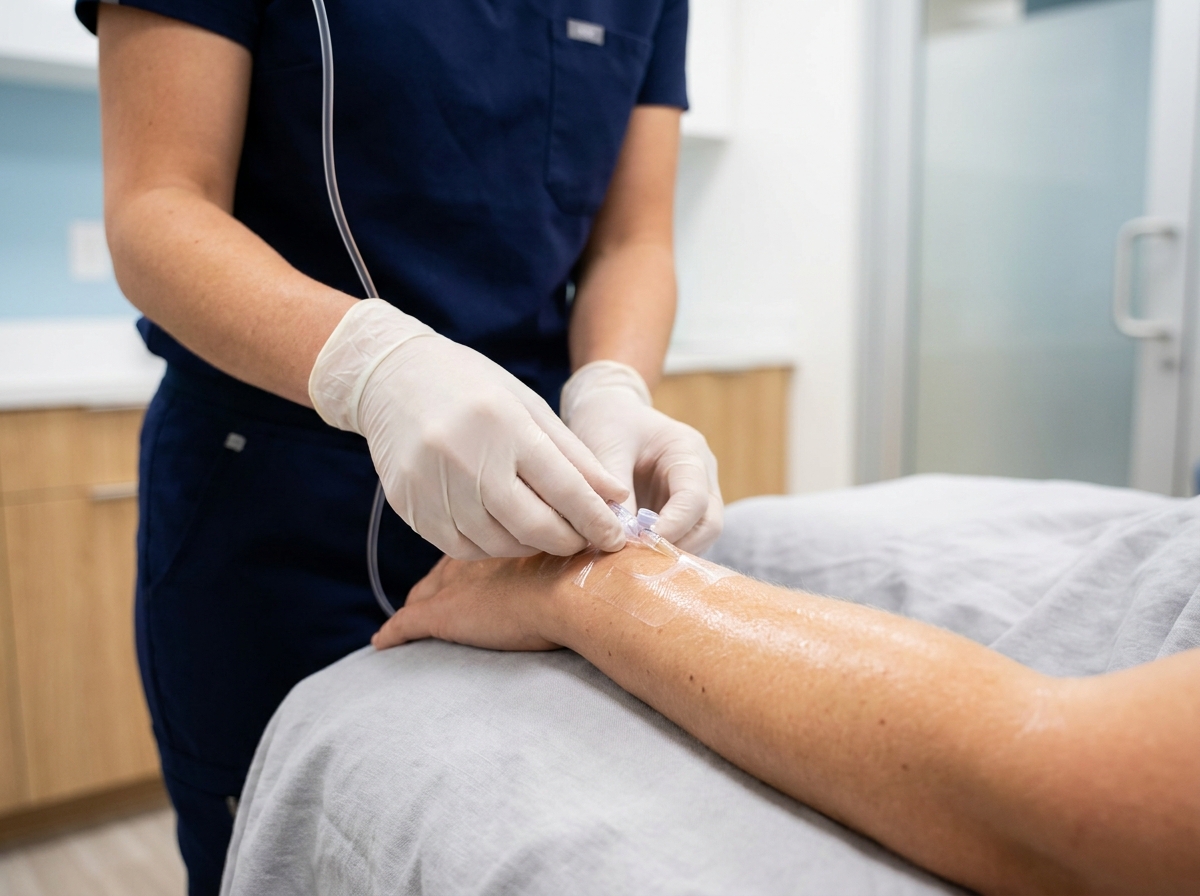 Close-up of IV catheter placement by BHRC provider