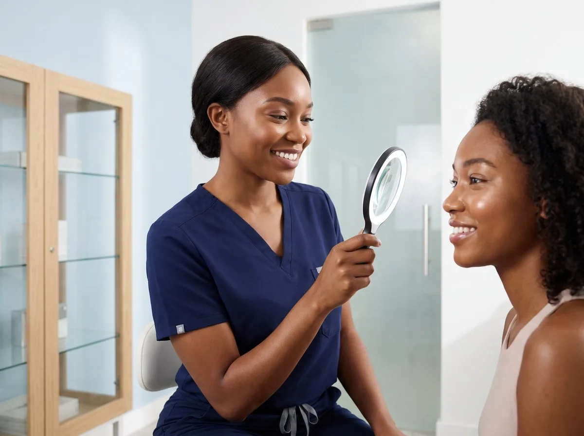 A BHRC provider assessing acne scarring with a patient