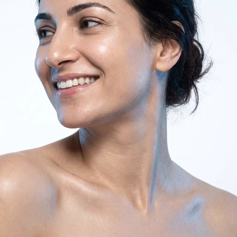 Close-up of a smooth neck after platysmal band treatment at BHRC