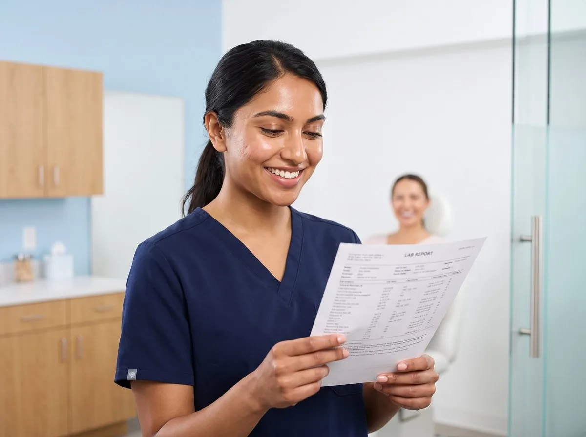A BHRC physician reviewing a lab report