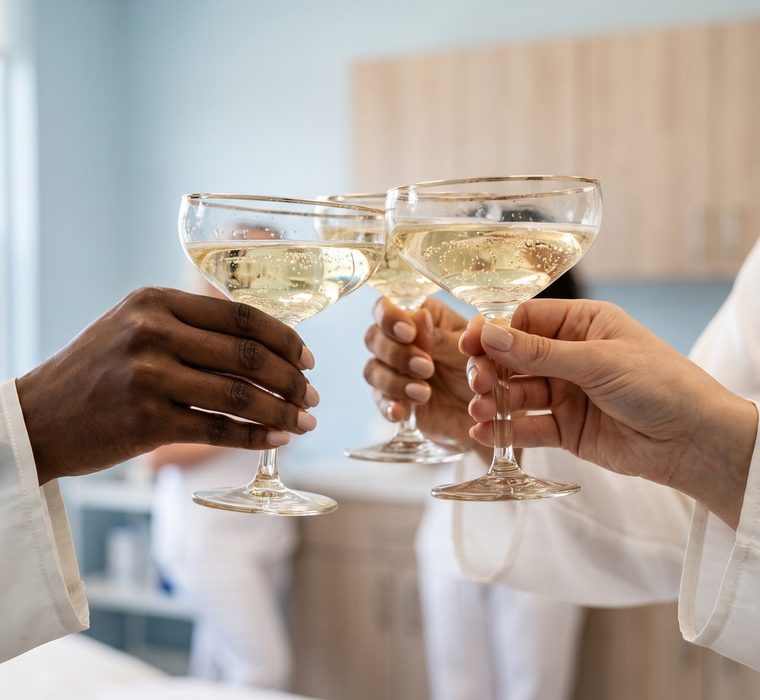 Champagne coupes clinked in a toast