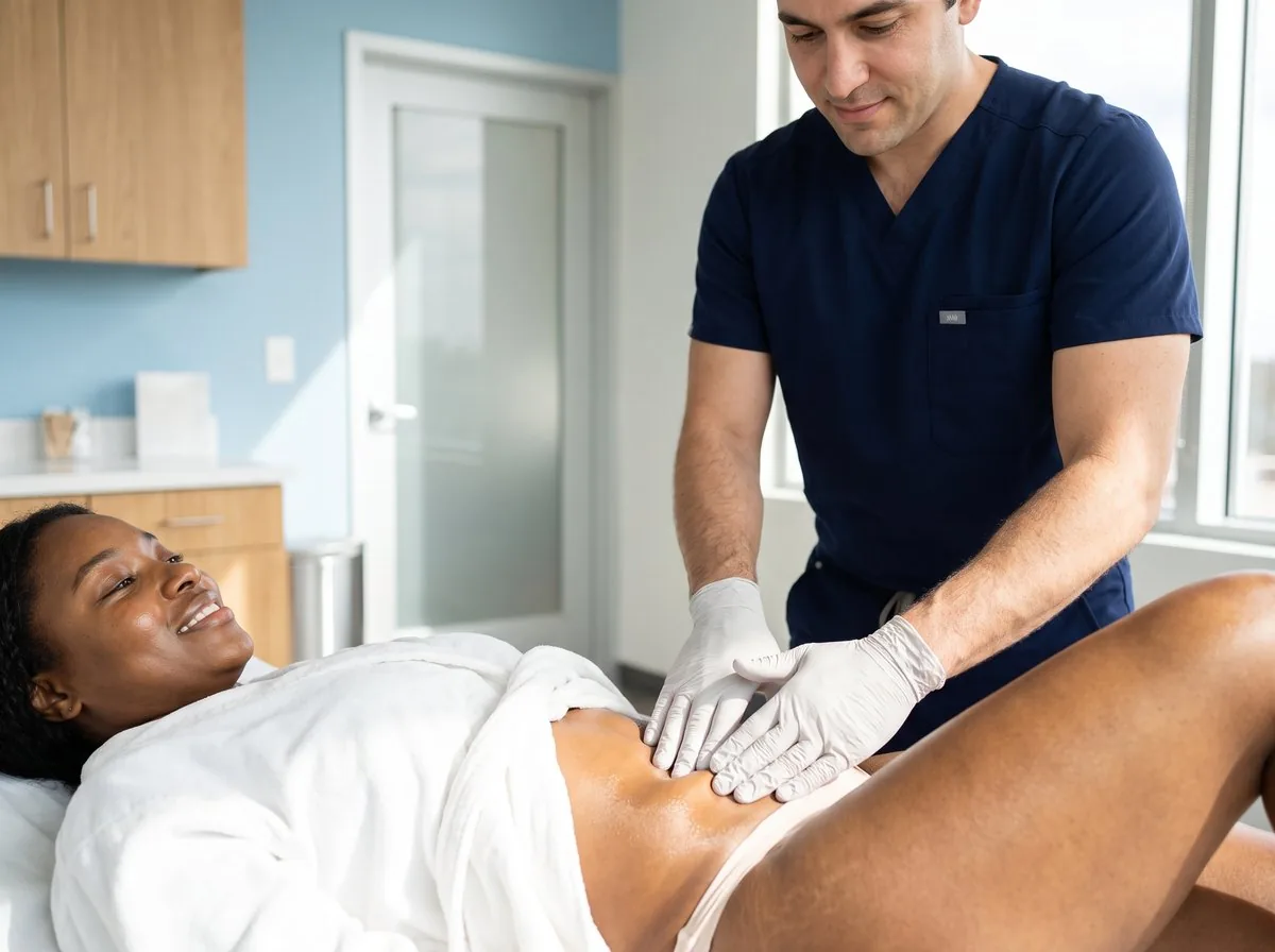 A BHRC provider massaging a treated area after CoolSculpting