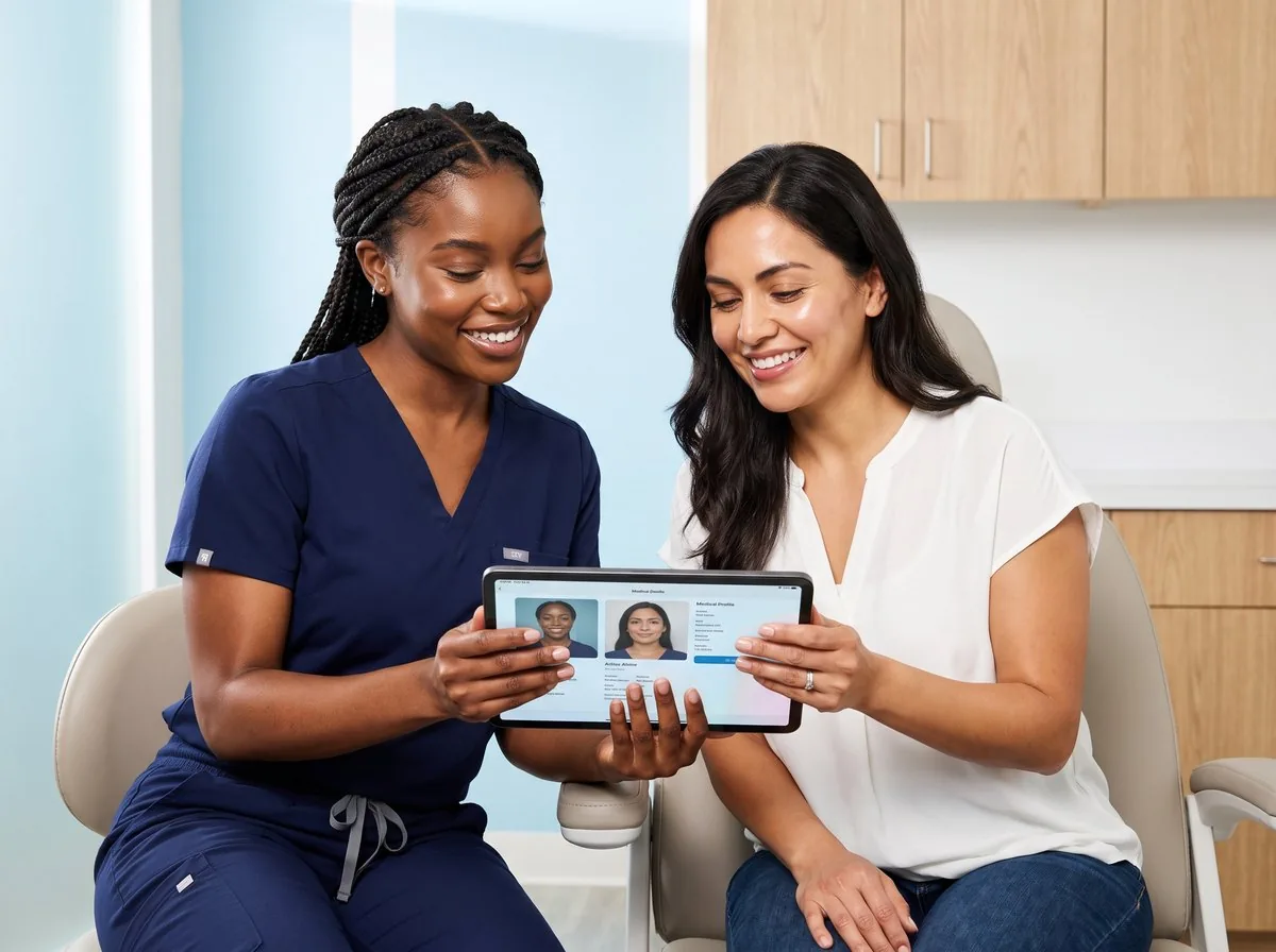 A BHRC provider assessing treatment areas with a CoolSculpting patient