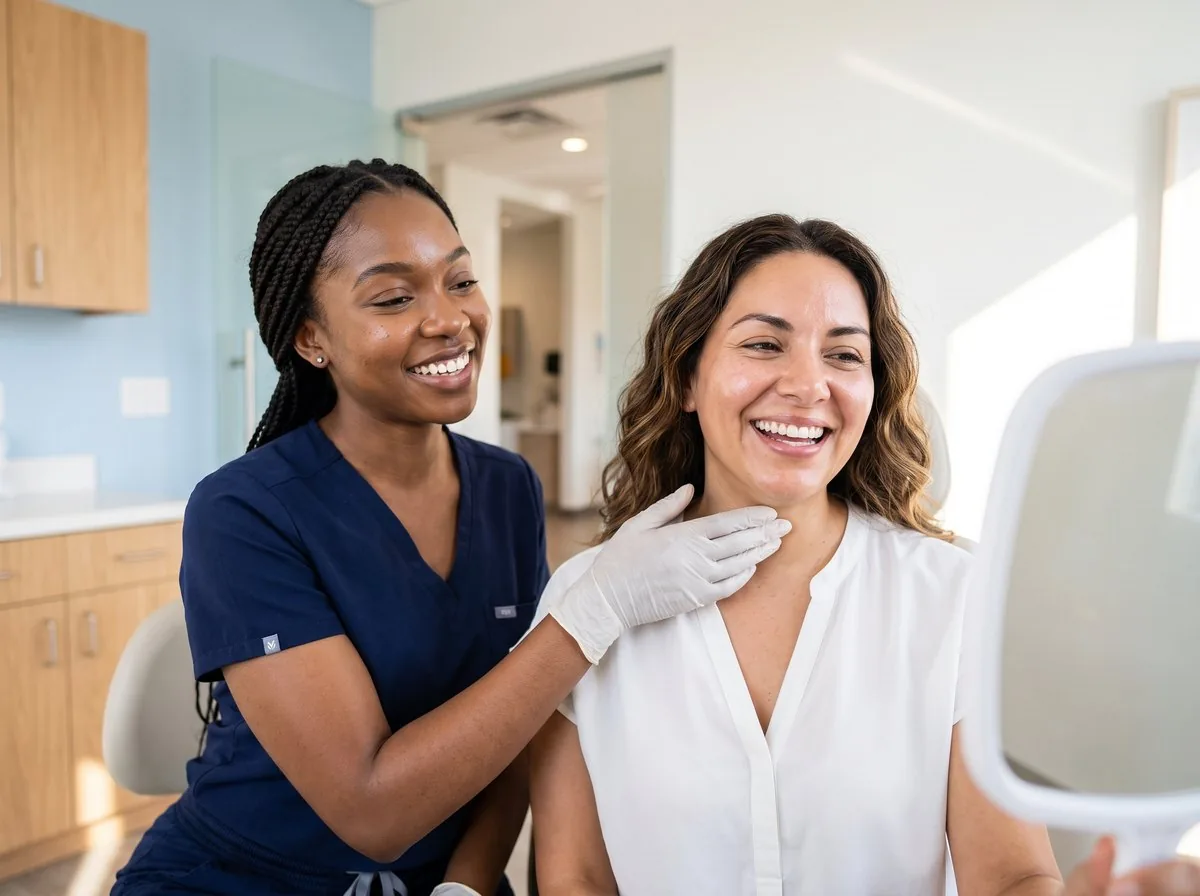 A BHRC provider assessing submental fat with a patient