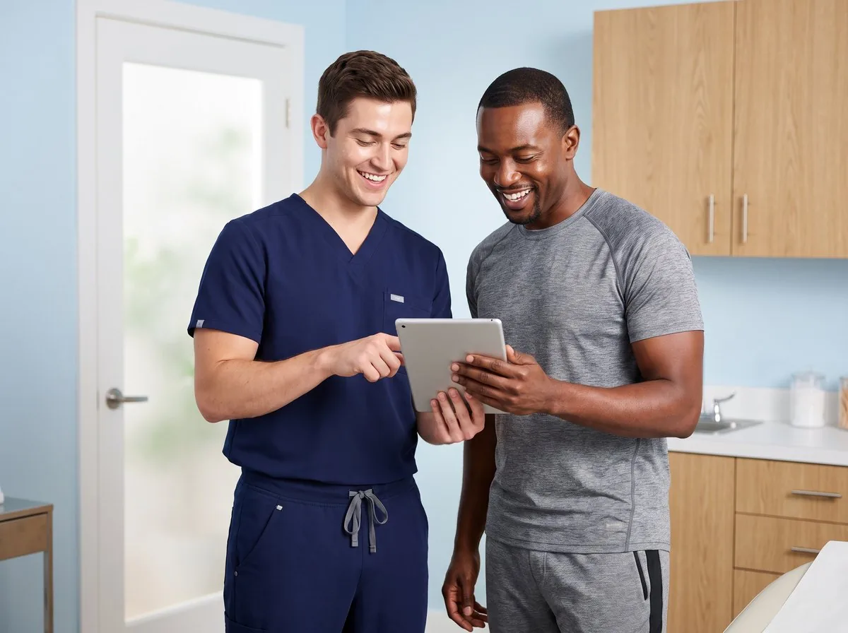A BHRC provider reviewing progress with an Emsculpt patient