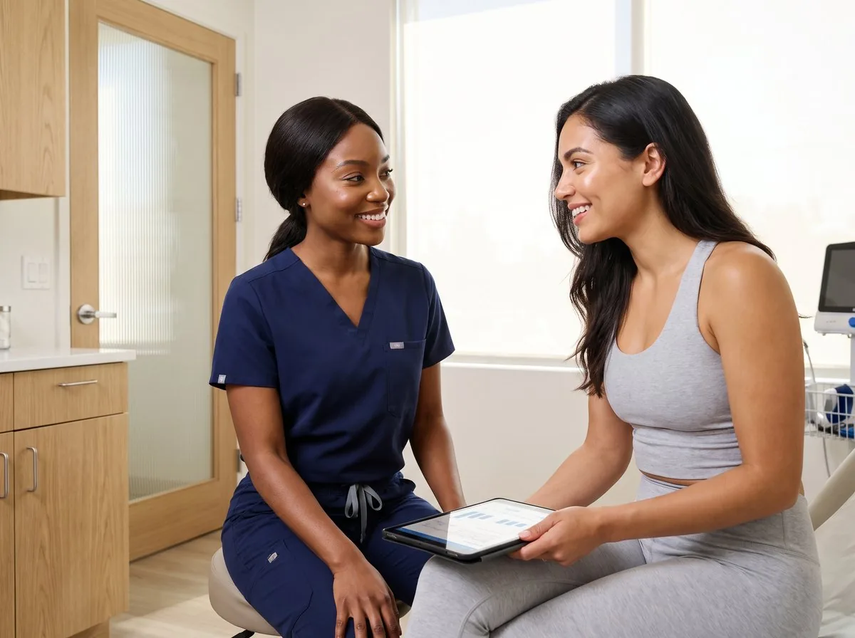 A BHRC provider assessing body composition with an Emsculpt patient
