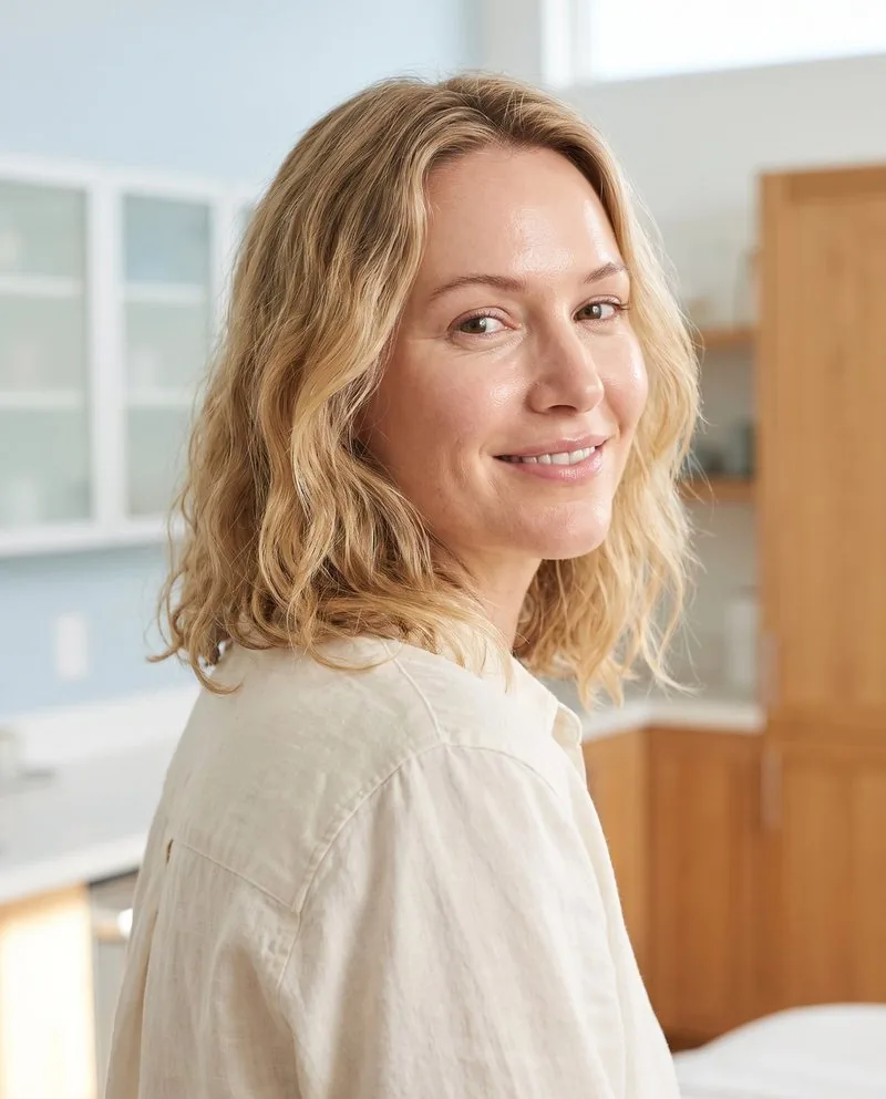 A BHRC patient looking back over her shoulder, smiling