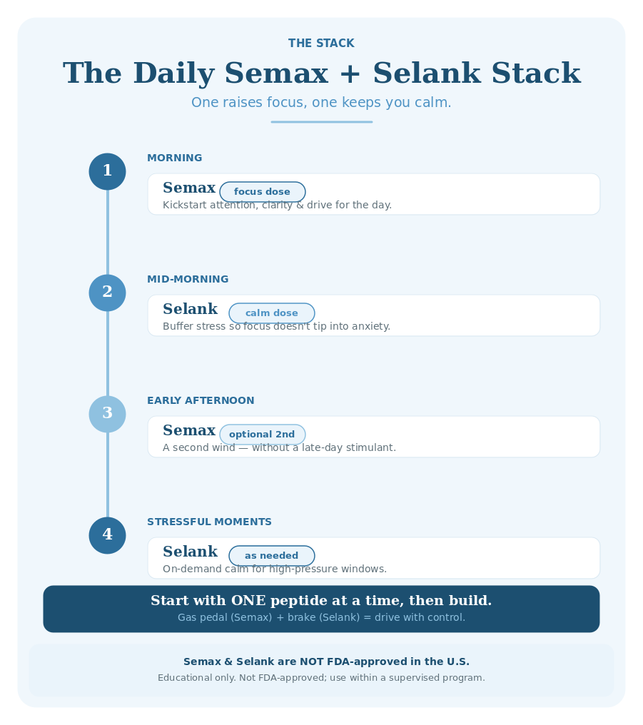 The daily Semax and Selank stack timeline: morning Semax for focus, Selank through the day for calm, and how to build the stack one peptide at a time.