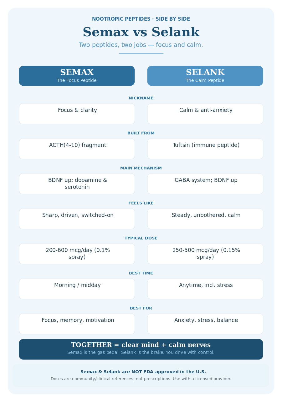 Semax vs Selank comparison infographic: the focus peptide vs the calm peptide, compared by origin, mechanism, dosage, timing and best uses.