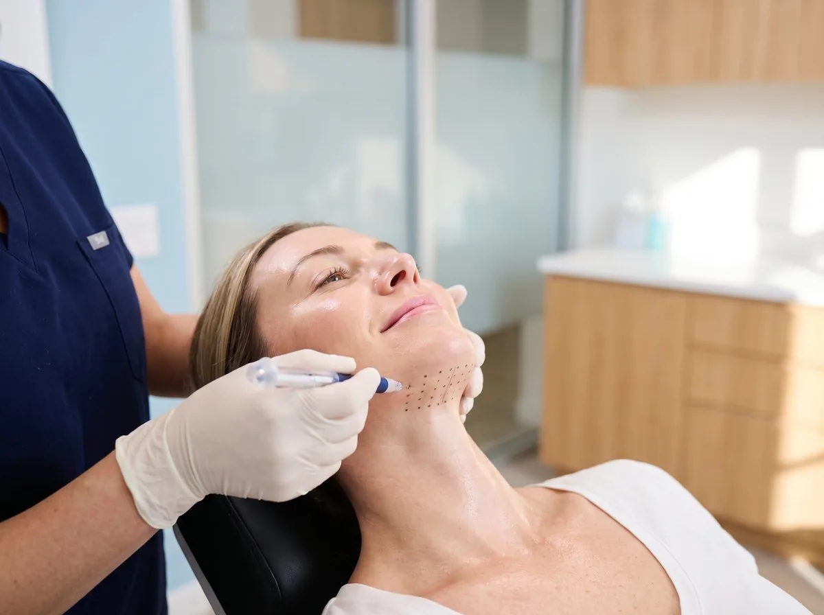 A treatment grid marked beneath the chin before Kybella injections at BHRC
