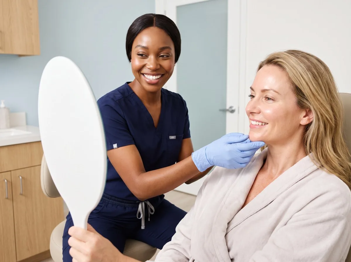 A BHRC provider assessing submental fat with a Kybella patient