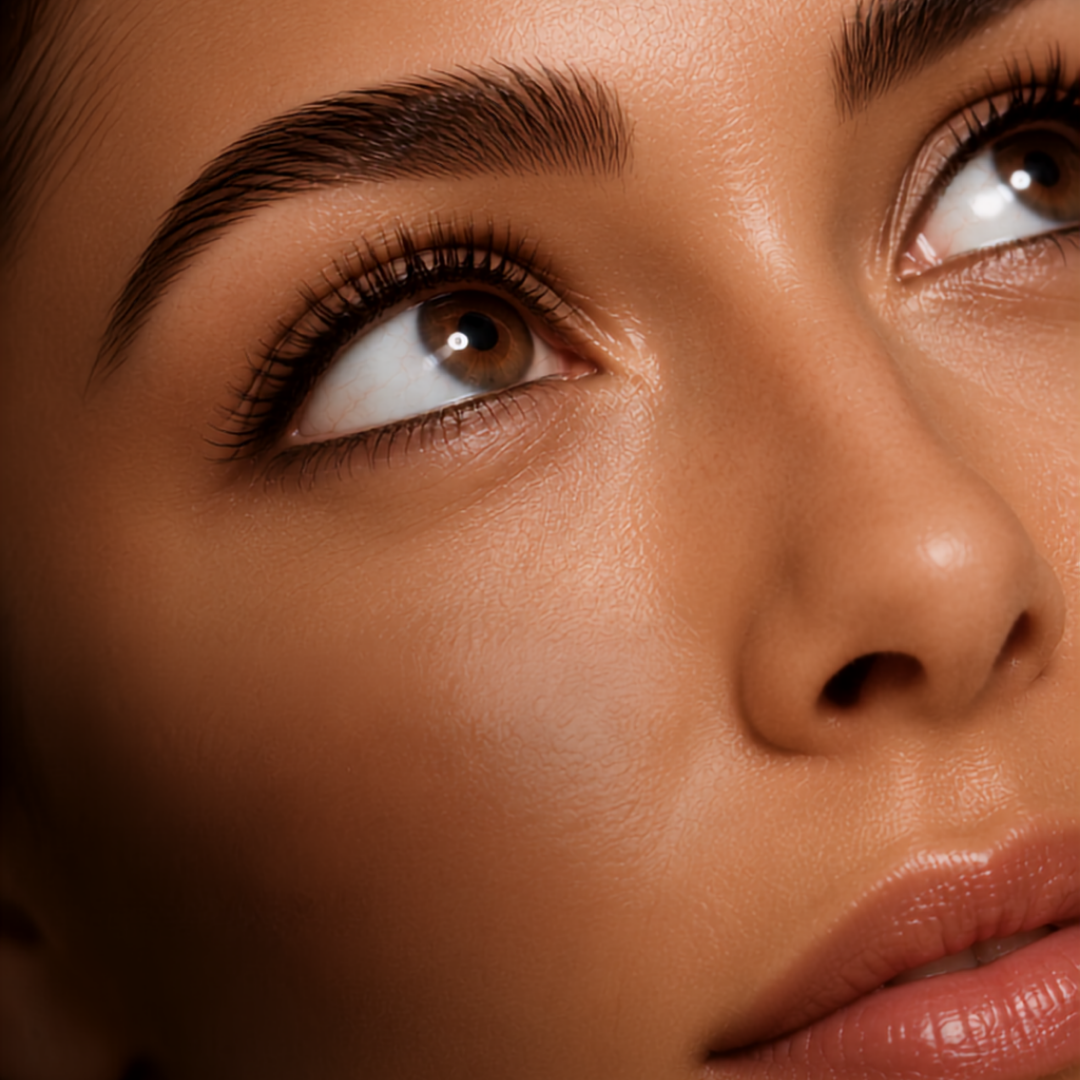 Fresh, luminous skin on a woman looking upward — the clean, healthy glow associated with KPV peptide therapy, BHRC