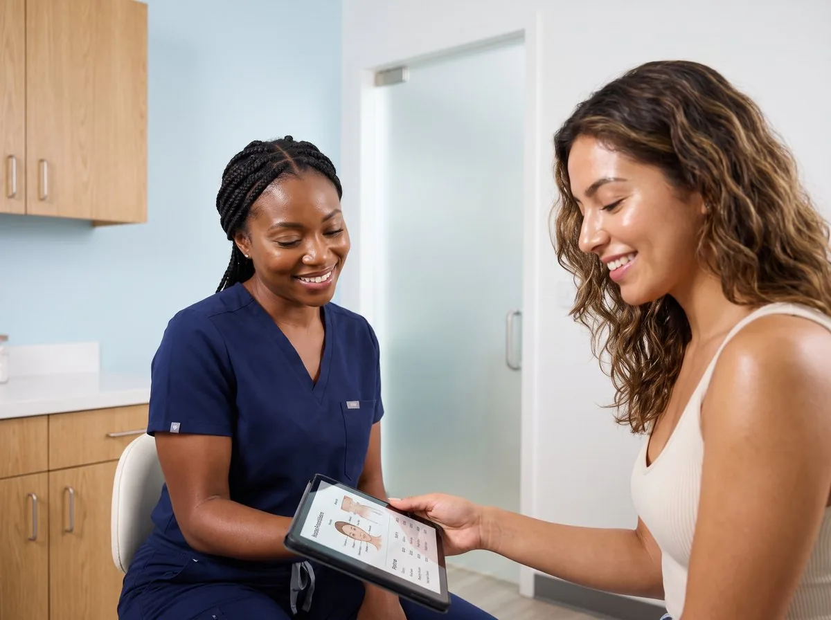 A BHRC provider discussing laser hair removal areas with a patient