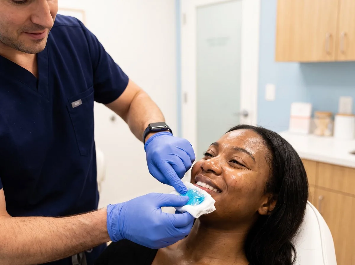 A BHRC injector applying aftercare after a lip treatment