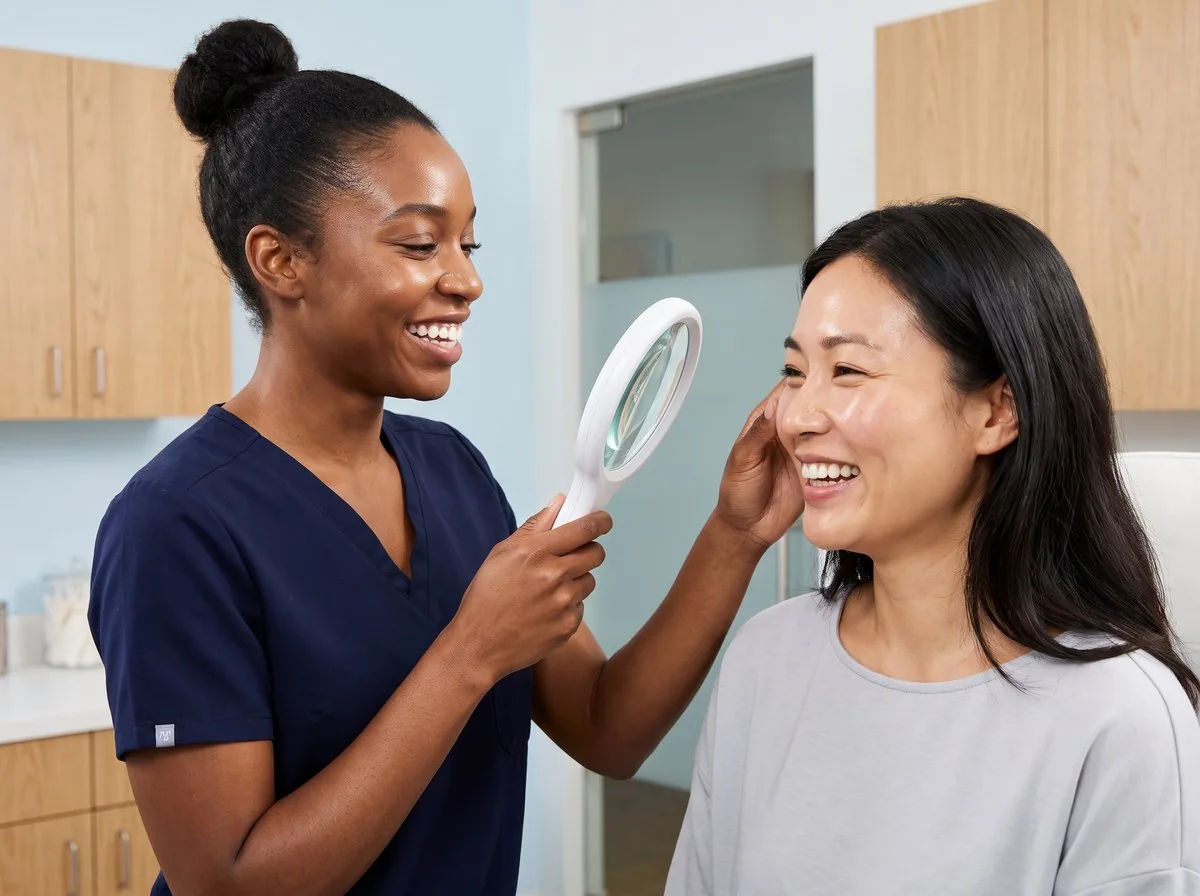 A BHRC provider assessing pigmentation with a patient