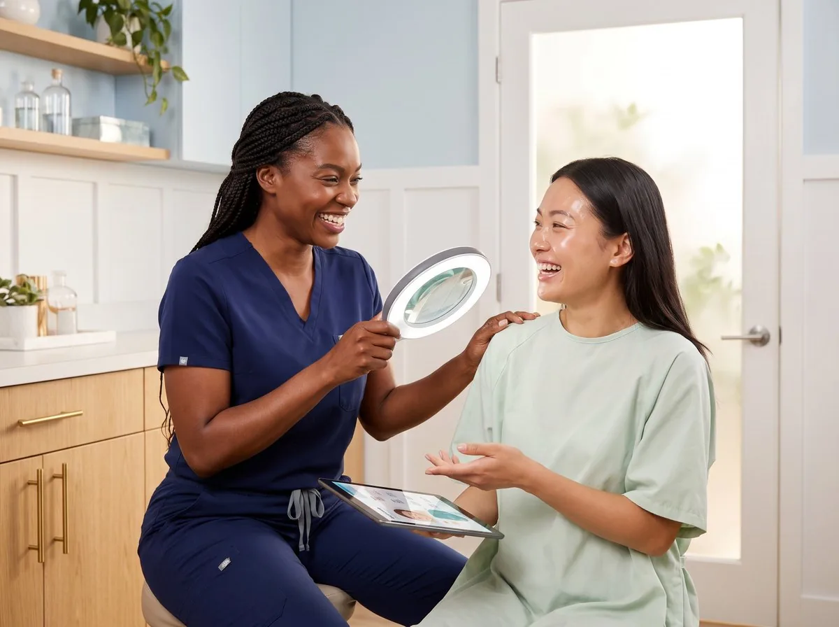 A BHRC provider assessing skin texture with a patient