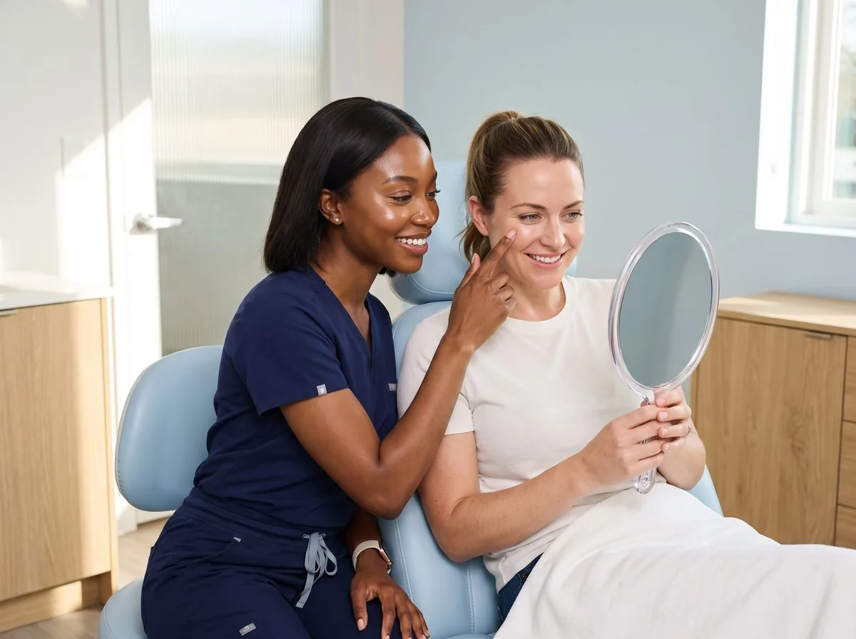 A BHRC injector assessing the under-eye area with a patient