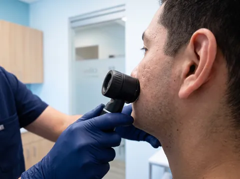 A provider examining acne scarring on a man's cheek with a dermatoscope
