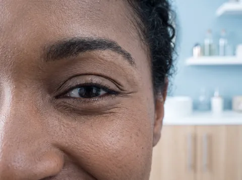 Close-up of fine lines at the corner of a smiling eye