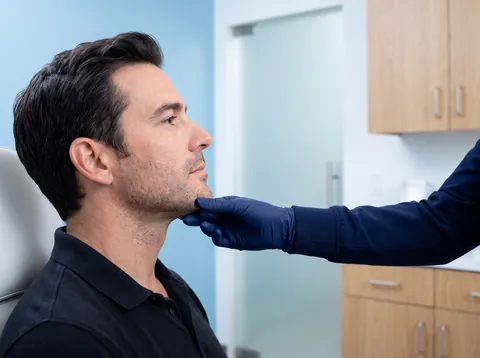 A provider assessing skin firmness along a man's jawline