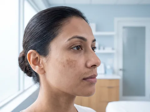 A woman in profile with melasma across her upper cheek
