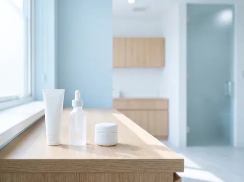 Sunscreen, serum and moisturizer on a counter in the treatment room