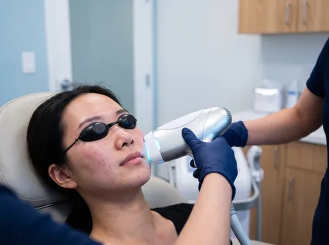 A patient in protective eyewear during an IPL treatment for facial redness