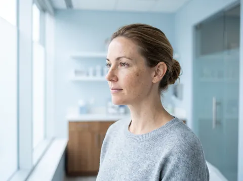 A woman with freckles and sun spots standing by a bright window