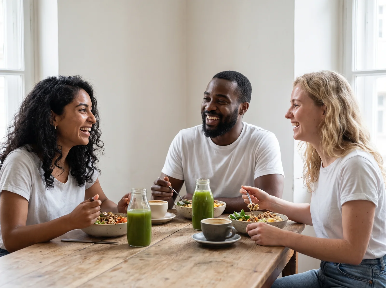 Friends sharing healthy bowls and juices at a bright cafe table