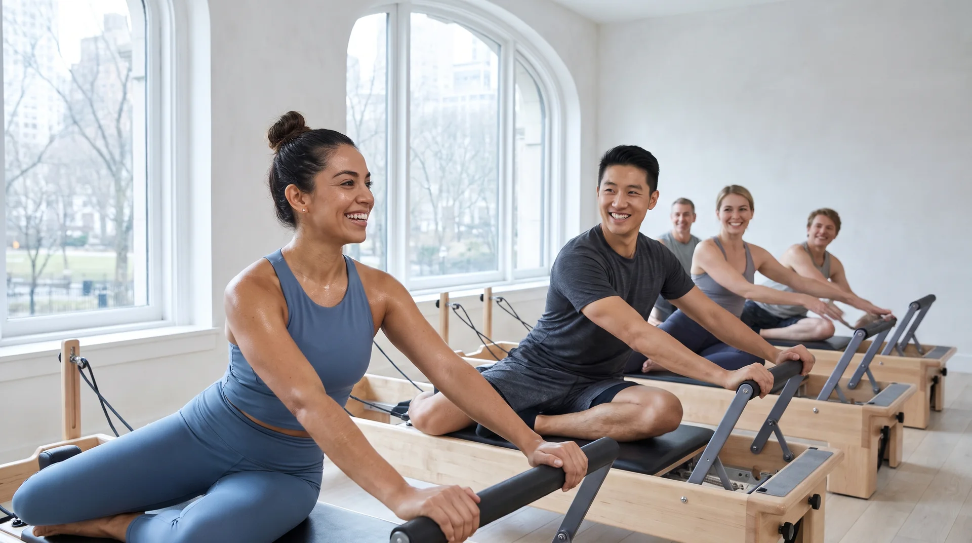 Small reformer Pilates class in a bright studio