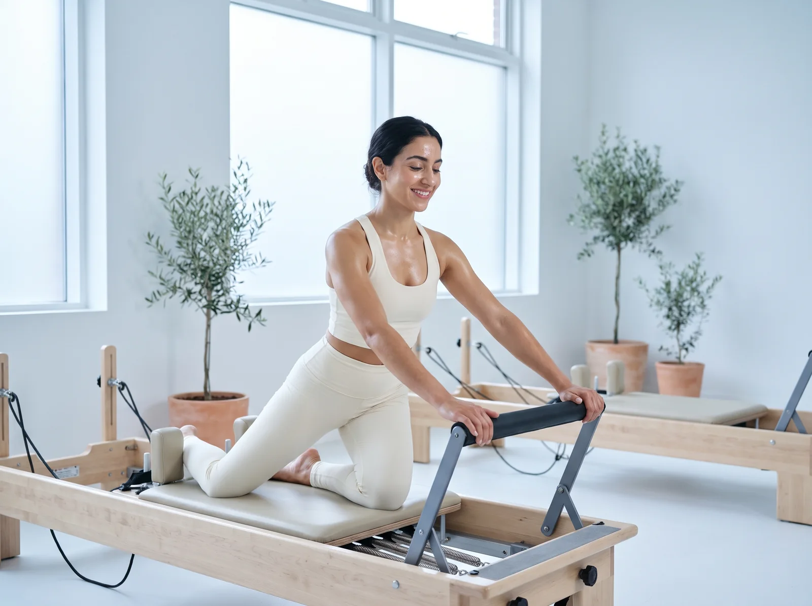 Woman on a reformer in a bright Pilates studio