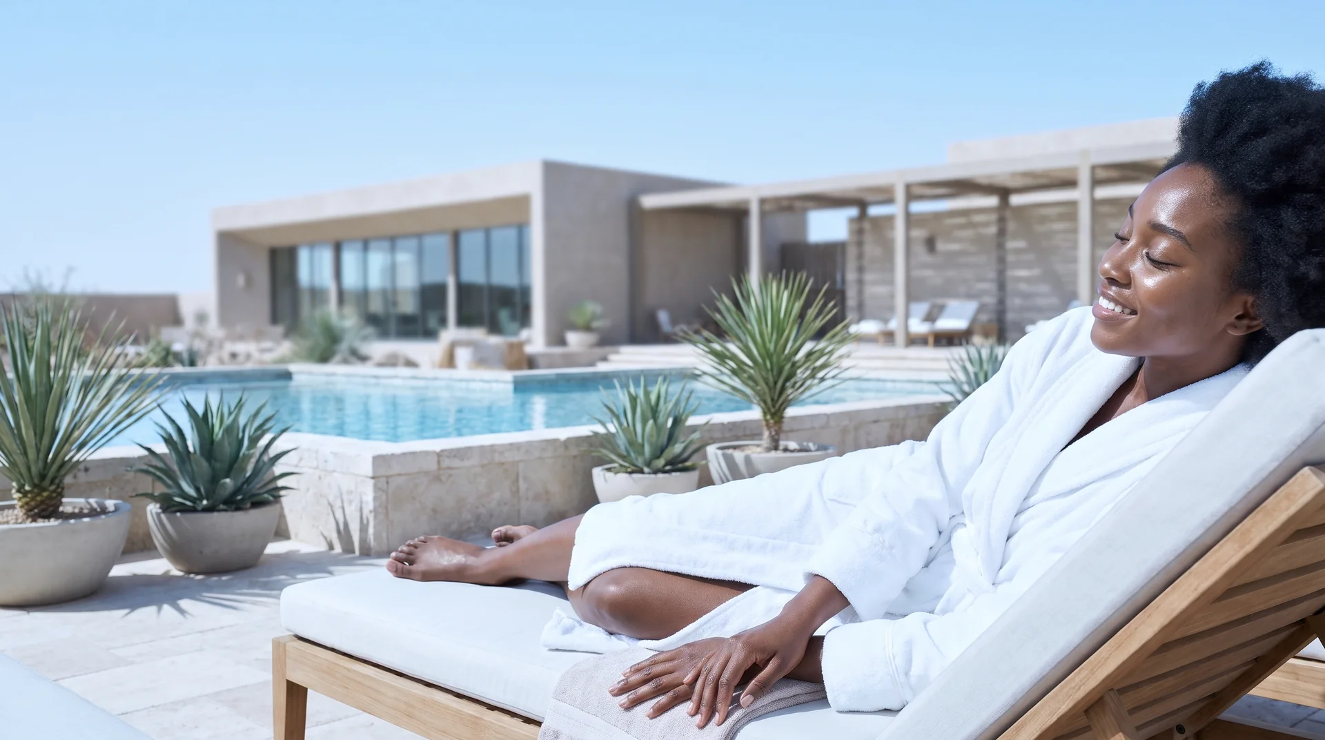 Woman relaxing by a resort-style pool on a desert morning