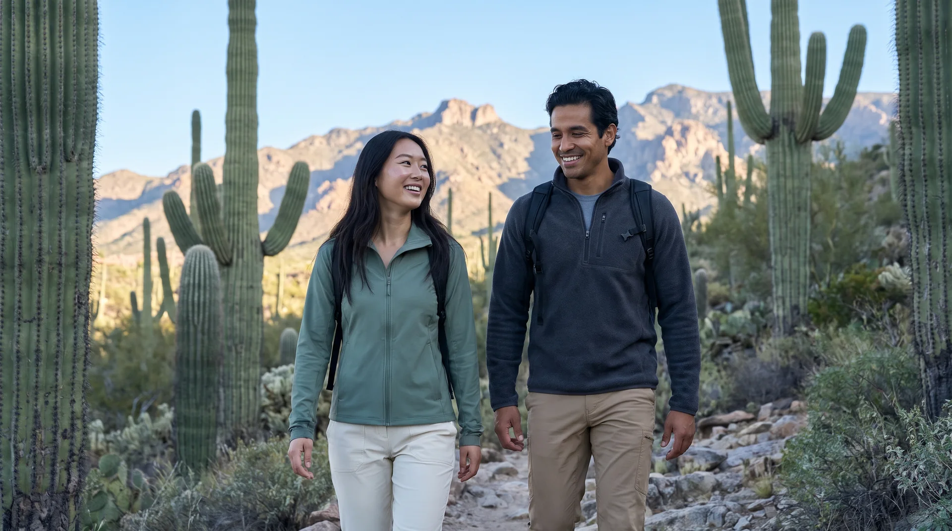 Couple hiking a Sonoran desert trail among saguaro cacti