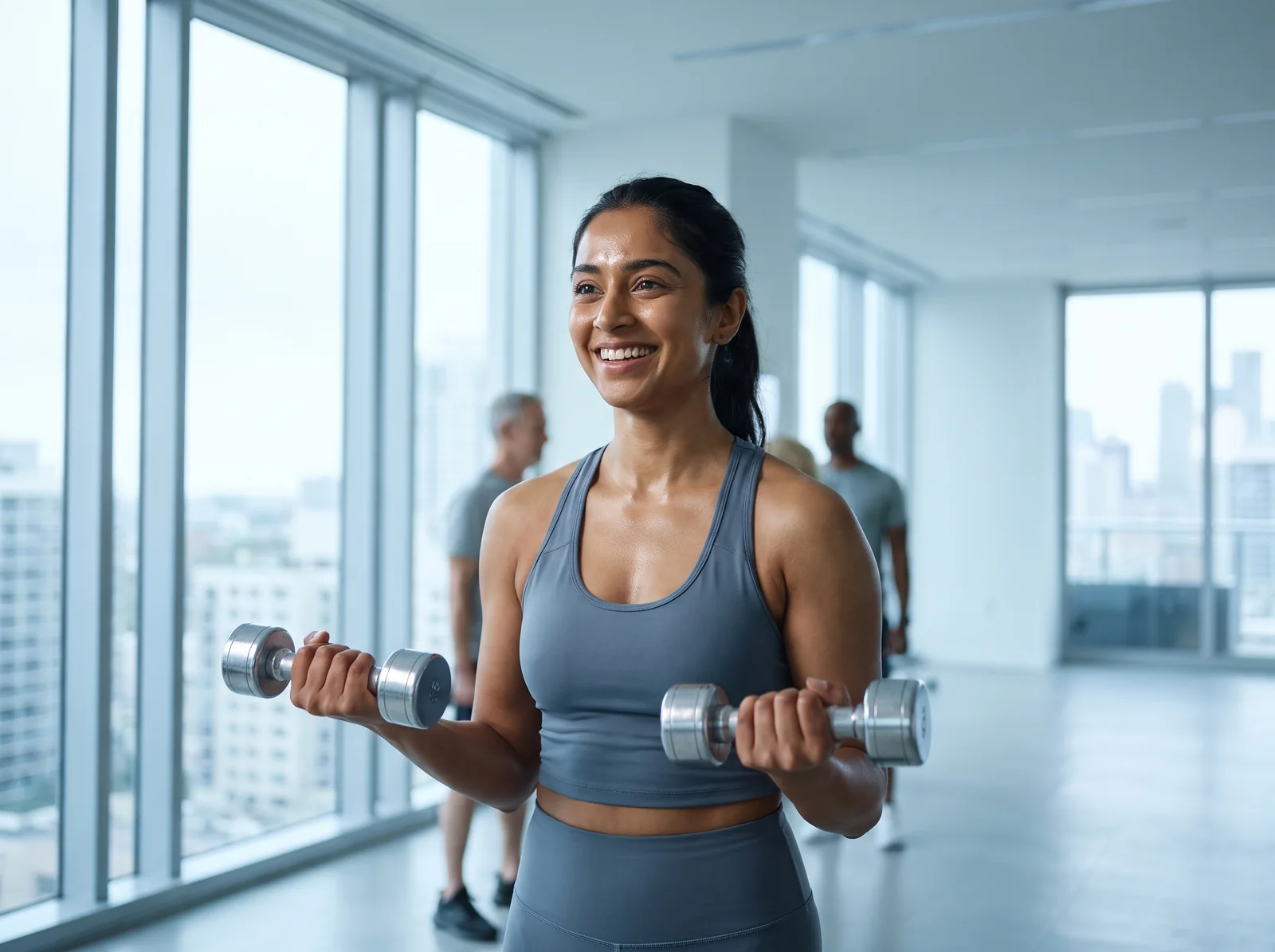 A woman lifting dumbbells in a bright modern gym, strong and smiling