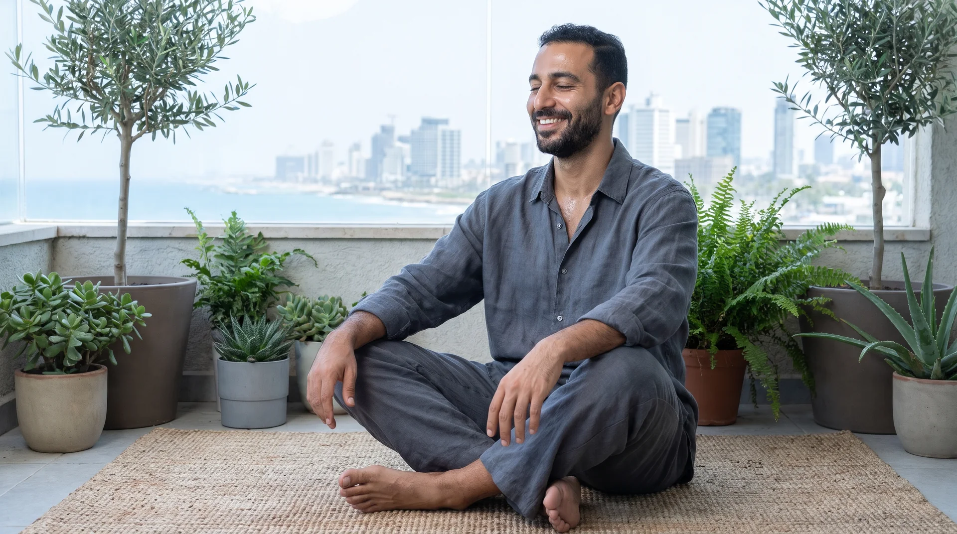 A man meditating on a balcony with plants on a calm bright morning