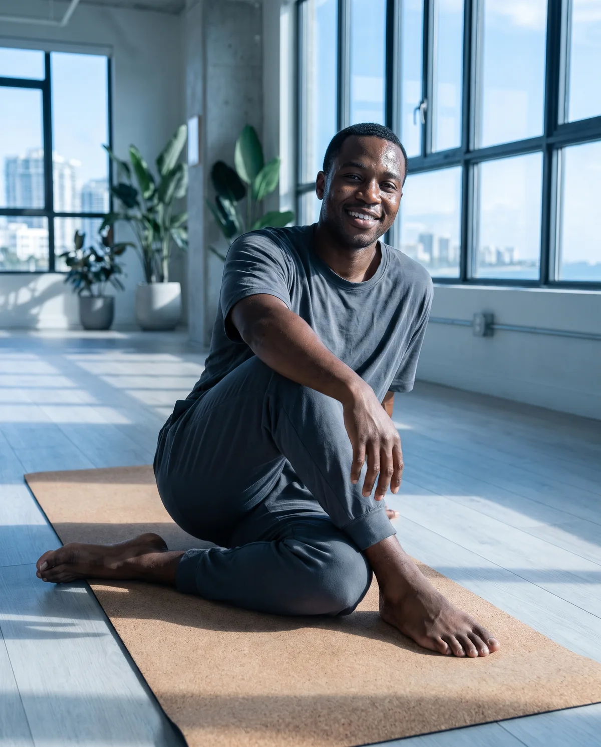 A man doing gentle yoga in a bright studio