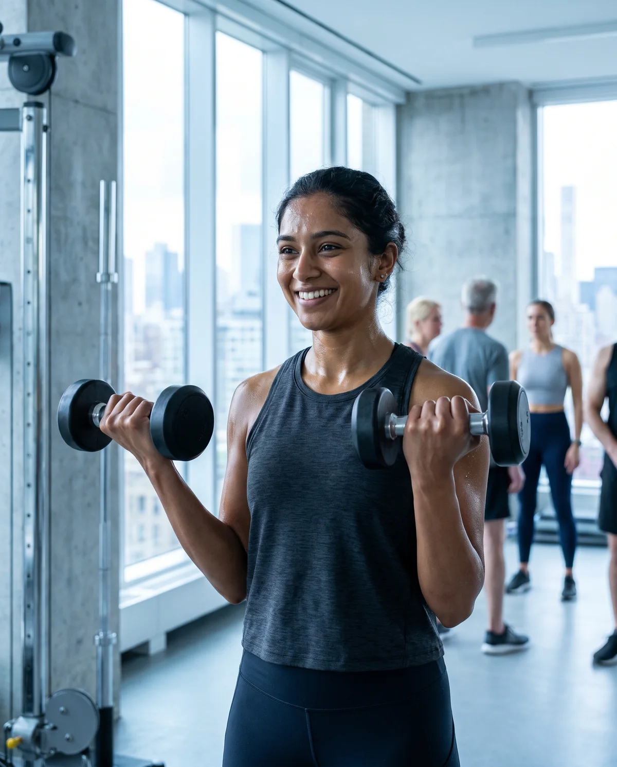 A woman lifting dumbbells in a bright modern gym, strong and smiling