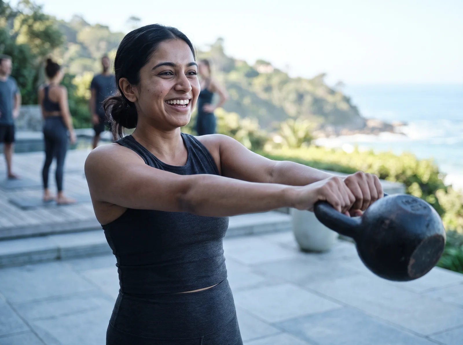 A woman swinging a kettlebell outdoors on a bright morning