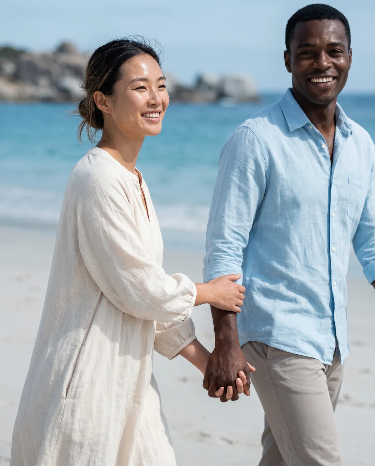 A couple walking on the beach on a clear bright day