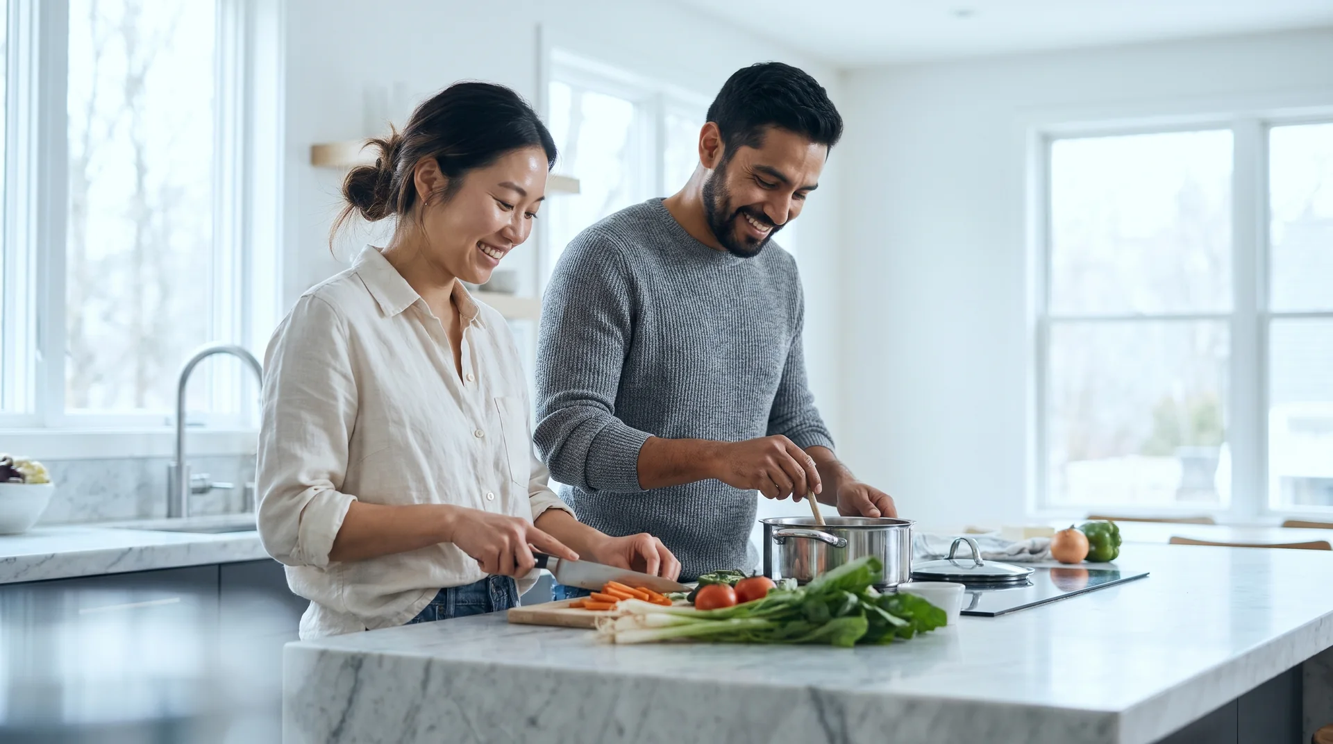 A couple cooking together in a bright kitchen