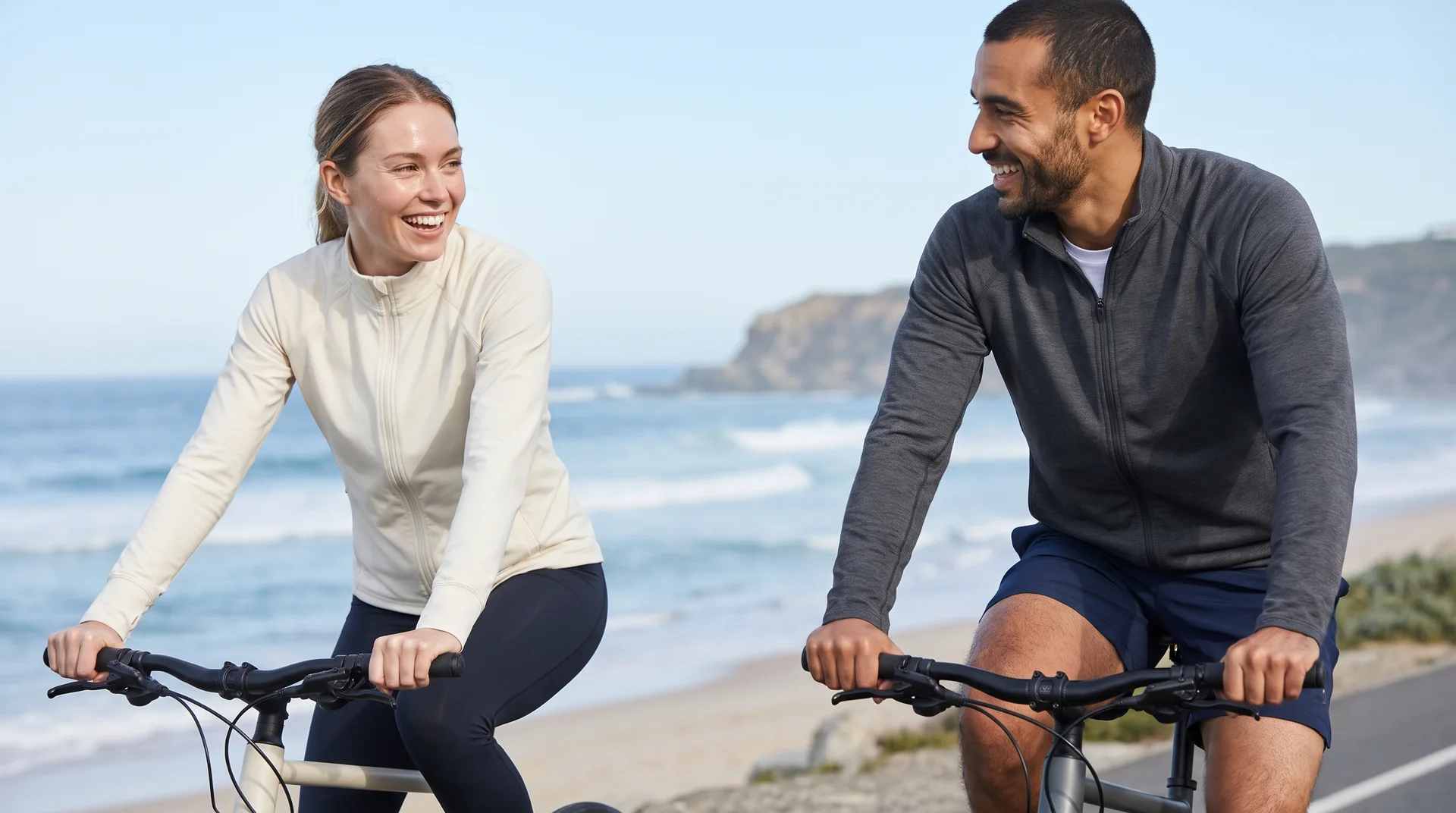 A couple riding bikes along a seaside path