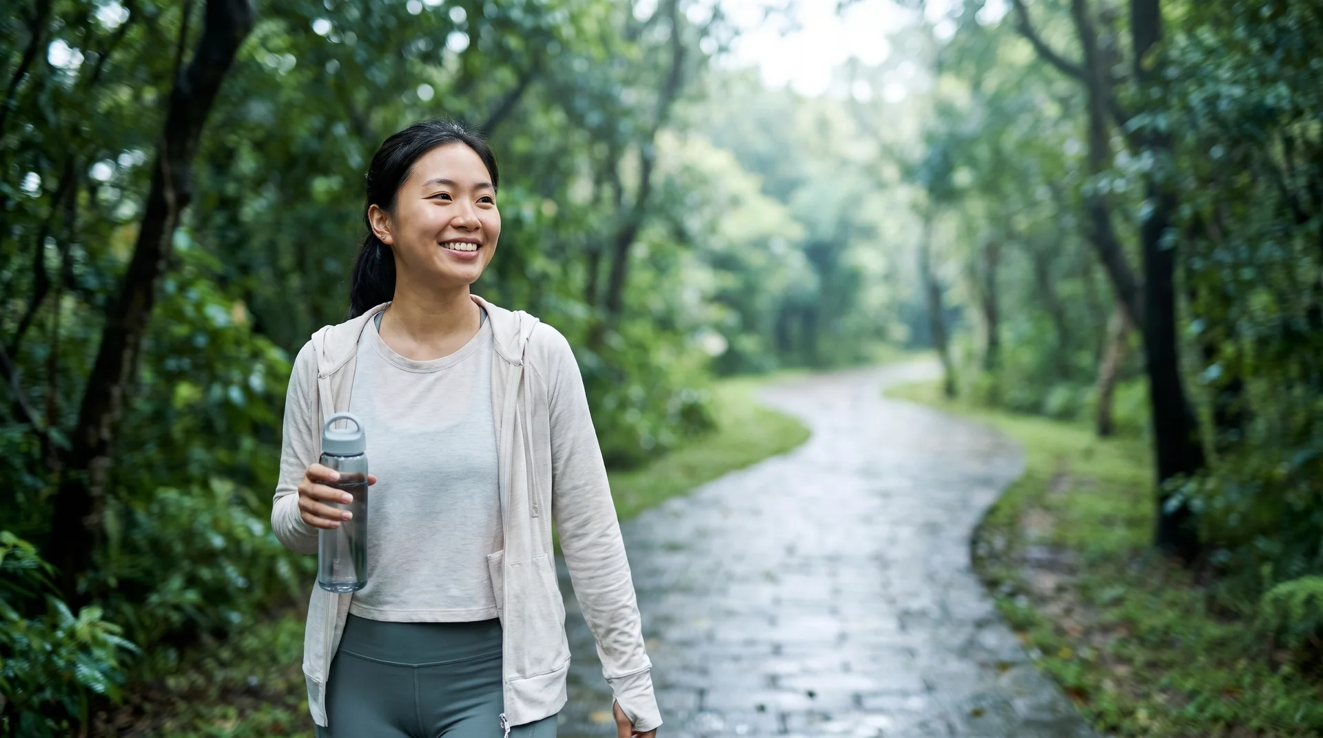 A woman on a gentle walk through a quiet green park in cool morning light
