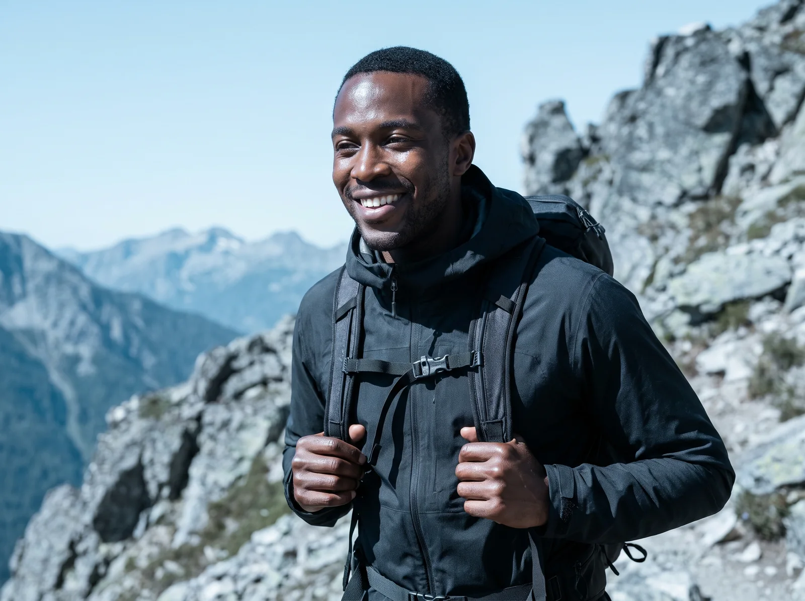 A man hiking a rocky trail on a clear day