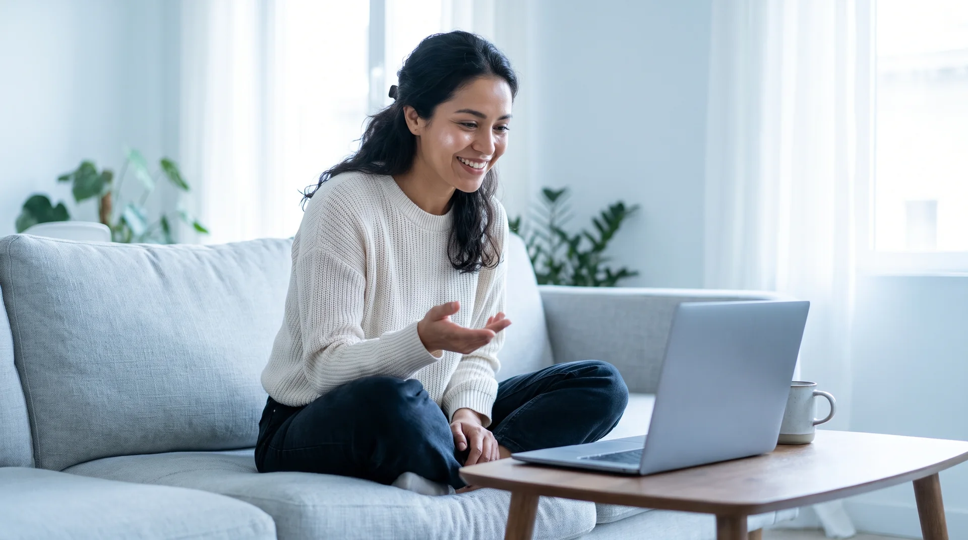 Woman on a video call from her laptop at home, smiling