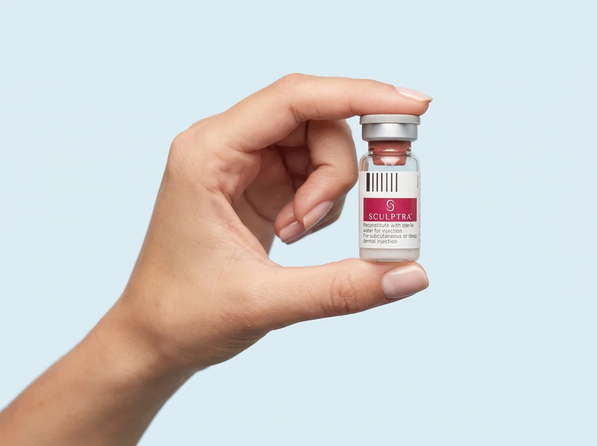 A hand holding a Sculptra vial