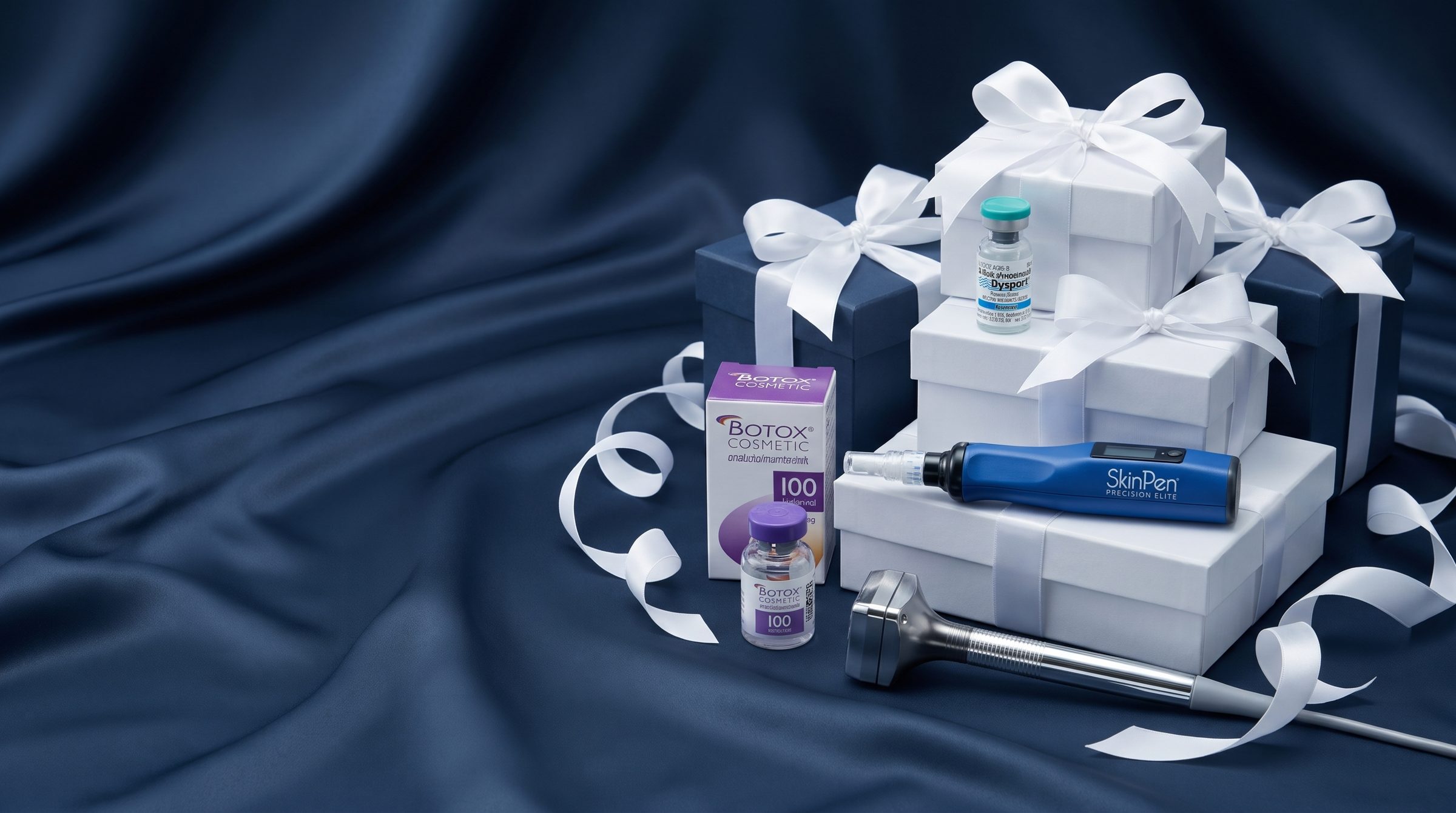 Dysport and Botox vials, SkinPen and Forma handpiece with BHRC gift boxes on navy satin
